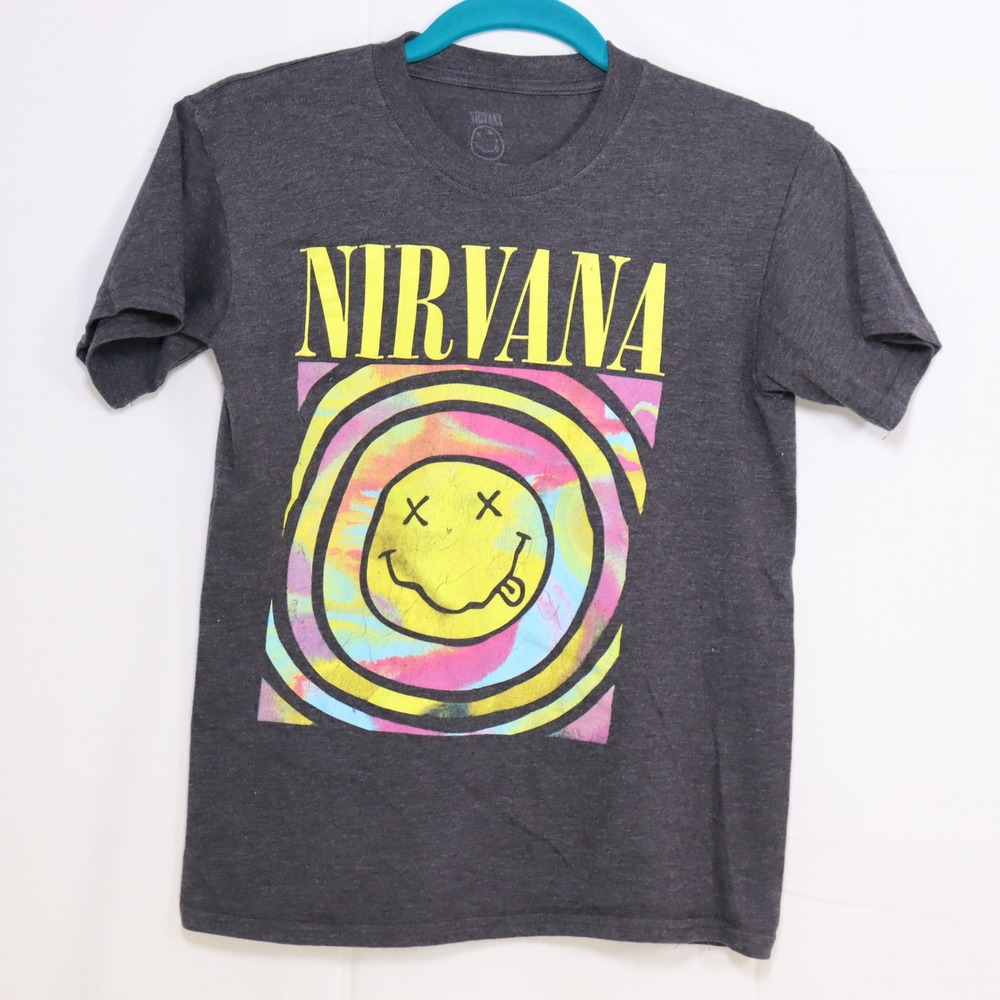 Nirvana T-Shirt Mens XS Charcoal Grey Good Smiley Face Tie Dye Graphic Tee